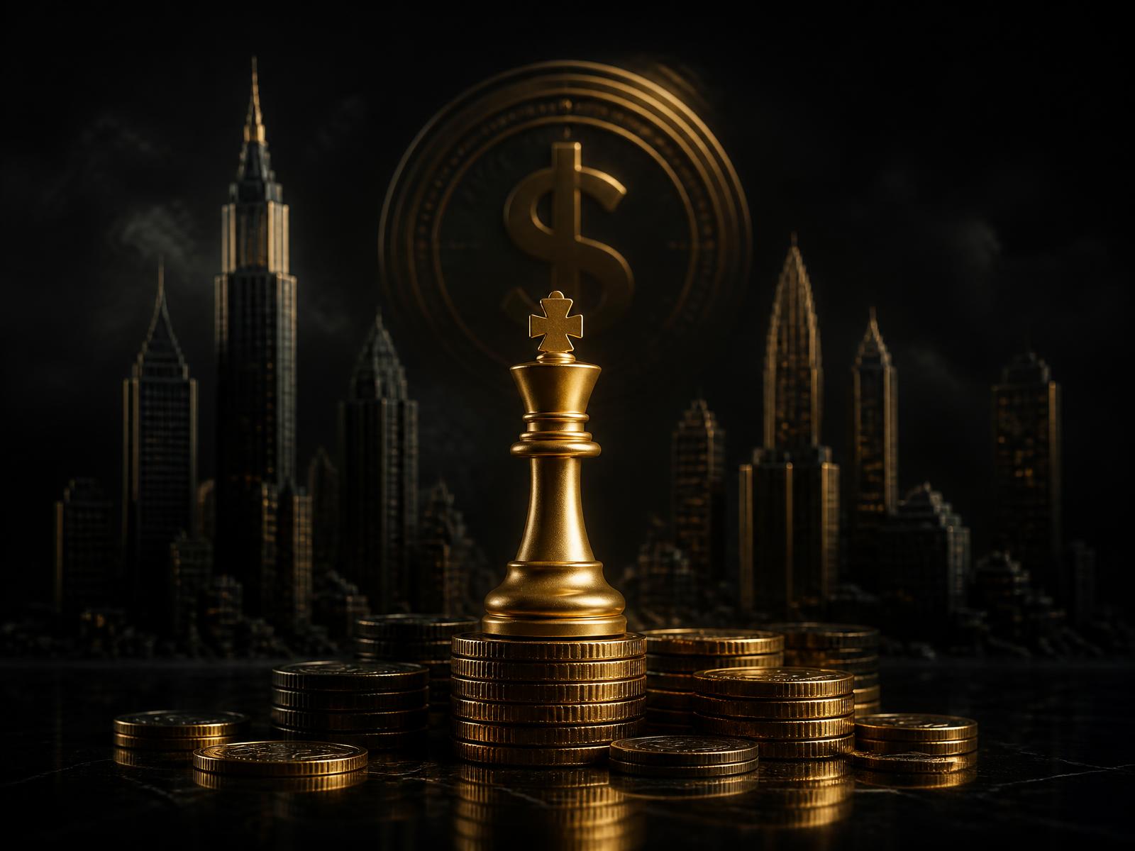 Golden chess king on stacked coins before a city skyline